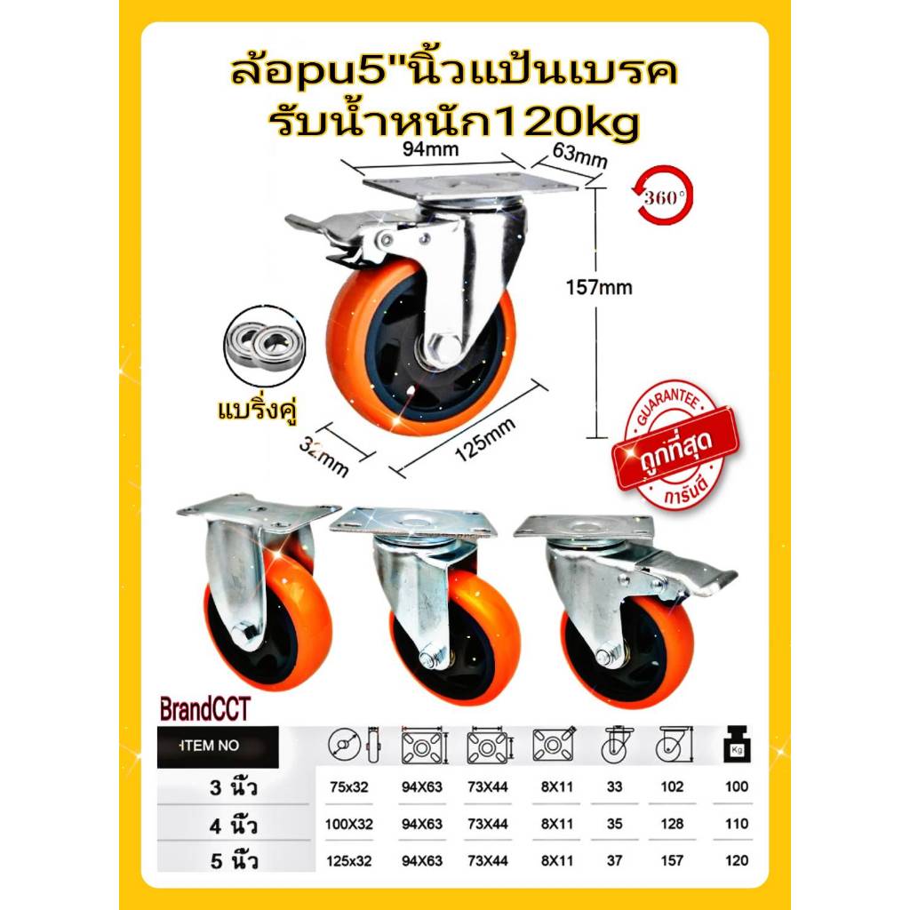 ล้อรถเข็น  ล้อ PU สีส้ม แป้นเบรค ขนาด 5 นิ้ว (แป้นS)