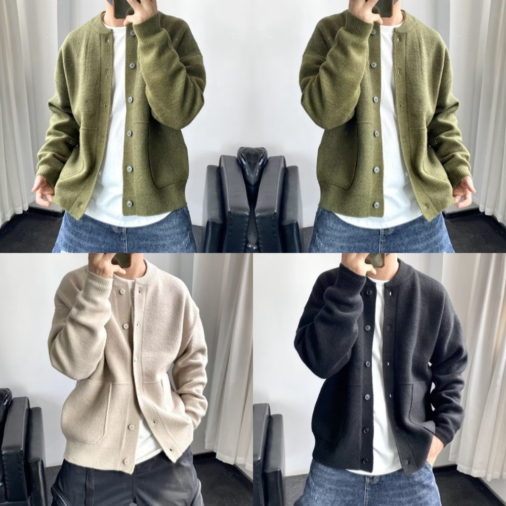 เสื้อคลุมคาดิแกนไหมพรมคอหลม รุ่นสีพื้นรุ่นมีกระเป๋า สไตล์เกาหลีมินิมอล เสื้อกันหนาวแขนยาวผ้าดี หนาไม่บาง J86