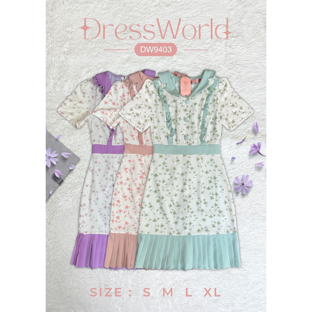 {S-XL} 9403 งานป้าย Dress World เดรสสั้น ลายดอก คอปก ชายพลีท เรียบหรู น่ารัก ดีเทลเก๋มากจ้า
