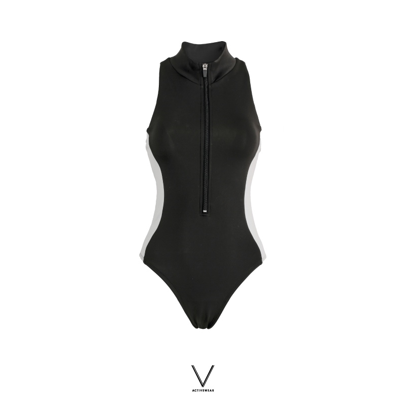 SS2024 BLACK SWIMMING SUIT WITH WHITE SIDE STRIPE ชุดว่ายน้ำสีดำแถบข้างสีขาว ใส่ว่ายน้ำ มีฟองน้ำในตัวผ้าหนา กัน UV UPF 5