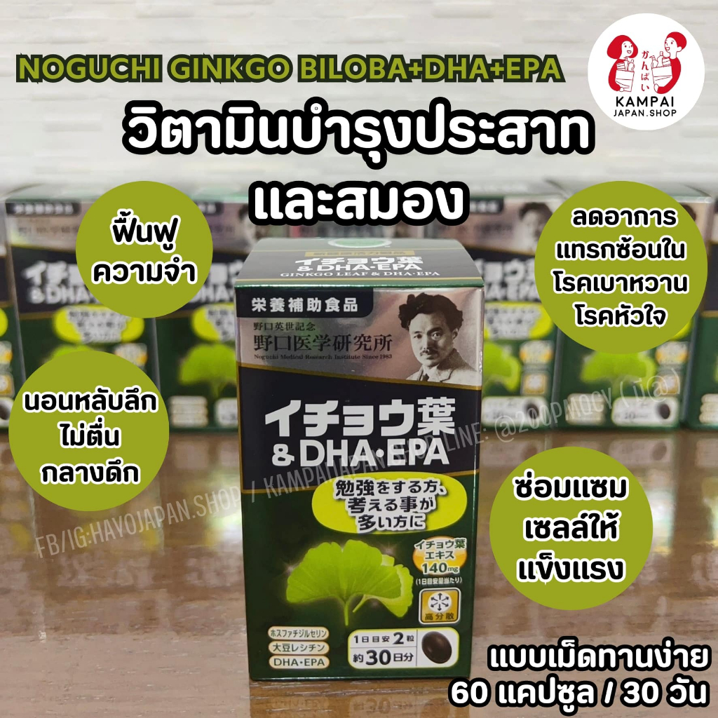 พร้อมส่ง🧠Noguchi Ginkgo Biloba+DHA+EPA อาหารเสริมบำรุงสมองจากใบแปะก๊วย 60เม็ด / 30 วัน