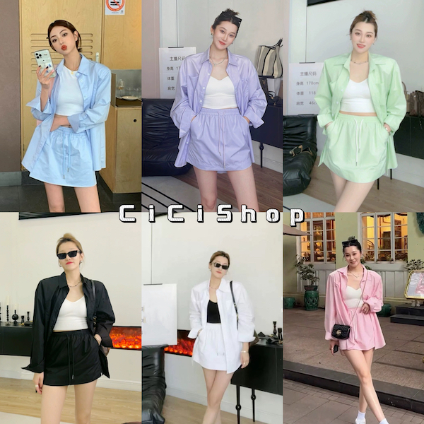 Cicishop(3176)SET2ชิ้น เสื้อเชิ้ตเเขนยาว+กระโปรงสั้น เชิ้ตกระเป๋าใช้งานได้จริง กระโปรงเอวสม็อก มีซับในกางเกง ใส่สบาย