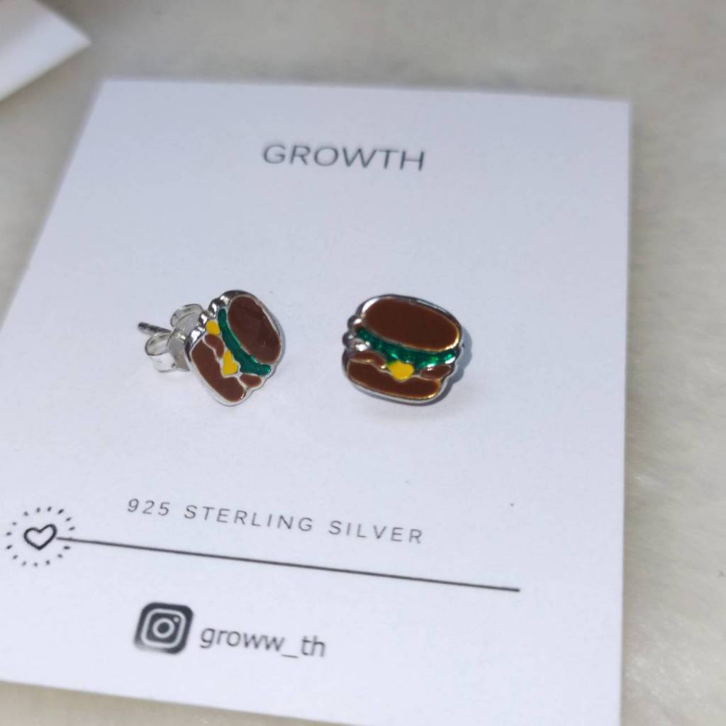 ต่างหูเงินแท้ รูป Burger ขนาด 8*7.5mm  น่ารักเหมาะกับทุกวัย (รับประกันเงินแท้)