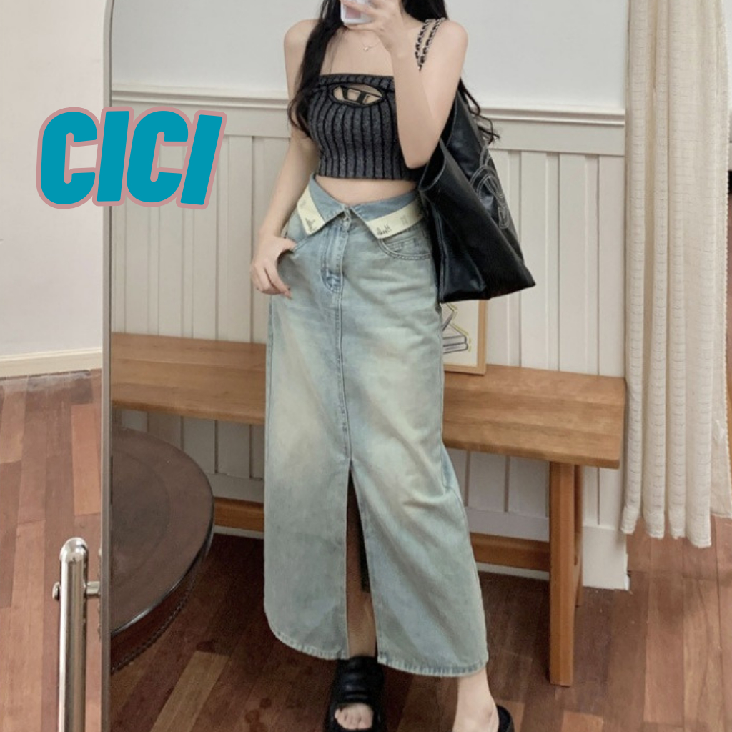 Cici(NO.614)กระโปรงยีนส์ยาวทรงตรง เอวพับ ดีเทลผ่าหน้า สไตล์วินเทจ