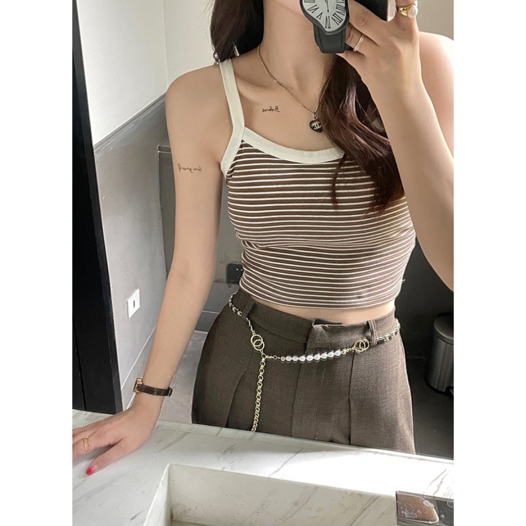 2607 เสื้อสายเดี่ยวผ้านิ่มพร้อมแผ่นรองหน้าอก ไม่ต้องใส่เสื้อใน ทรงครอป Stripe Built-in Bra camisole