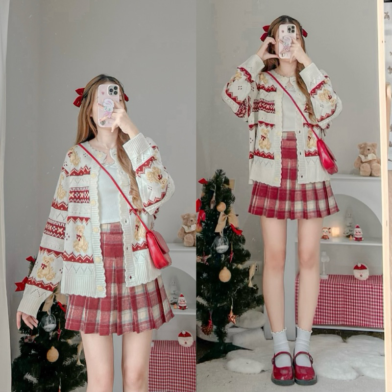 RIKA🧸คาร์ดิแกนหมี🎅🏻กระโปรงเทนนิสสก็อตสีแดง