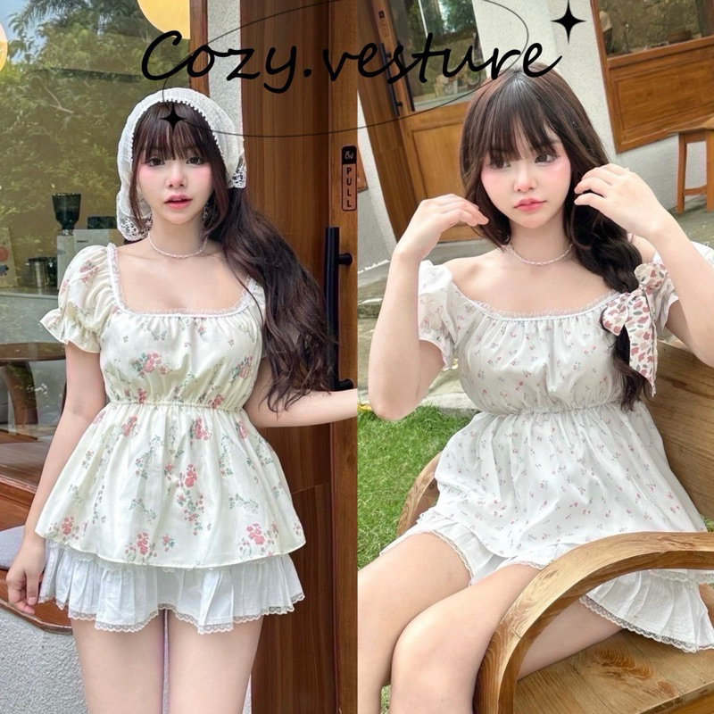 Nusa Stlye เสื้อแขนตุ๊กตา แต่งลูกไม้ริบบิ้น ผ้าคอตตอน พิมพ์ลายดอกไม้ เสื้อผ้าผู้หญิง