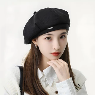 [W0125] หมวกเบเร่ต์ พิมพ์ลายตัวอักษรโลหะ สไตล์เรโทร ผ้าสังเคราะห์นุ่ม สําหรับผู้หญิง Beret