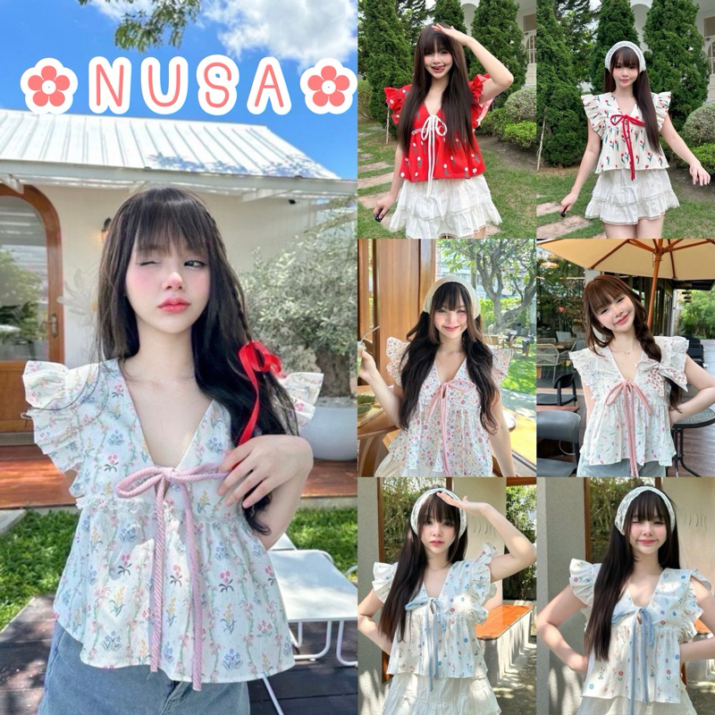 Diiz’s ป้าย Nusa เสื้อคอวี แขนระบาย แต่งลูกไม้ และ เชือกผูกอก
