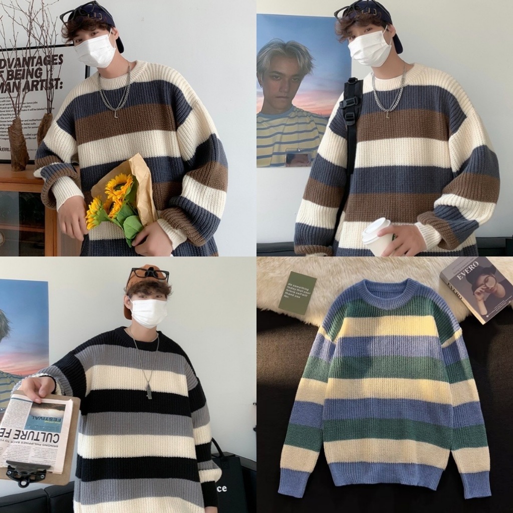เสื้อสเวตเตอร์ไหมพรมคอหลม รุ่นริ้วใหญ่สลับสี สไตล์เกาหลี เสื้อกันหนาวแขนยาวผ้าดี หนาไม่บาง L111