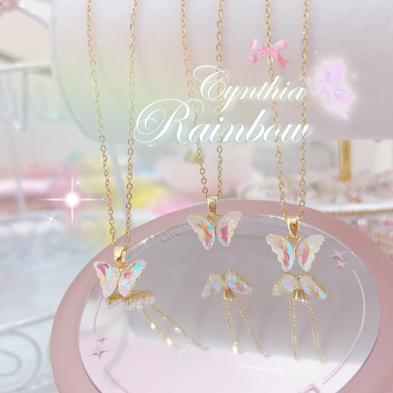 🌷 ลด80.- โค้ดหน้าร้าน 🦋 Cynthia Rainbow 🫧💗สร้อยคอชุบทอง18K ผีเสื้อคริสตัลรุ้ง สีทอง ไม่ใช่งานหลักสิบ ! สร้อย 🎀