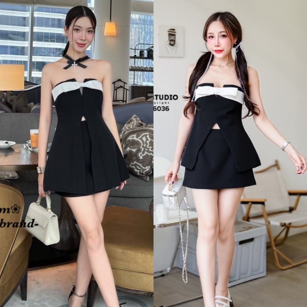 พร้อมส่ง BT 6036 & Blossom set เสื้อเกาะอก+กระโปรง ดีไซน์แต่งโบว์ช่วงอก ซับในเป็นกางเกง ใส่แล้วสวยเก๋
