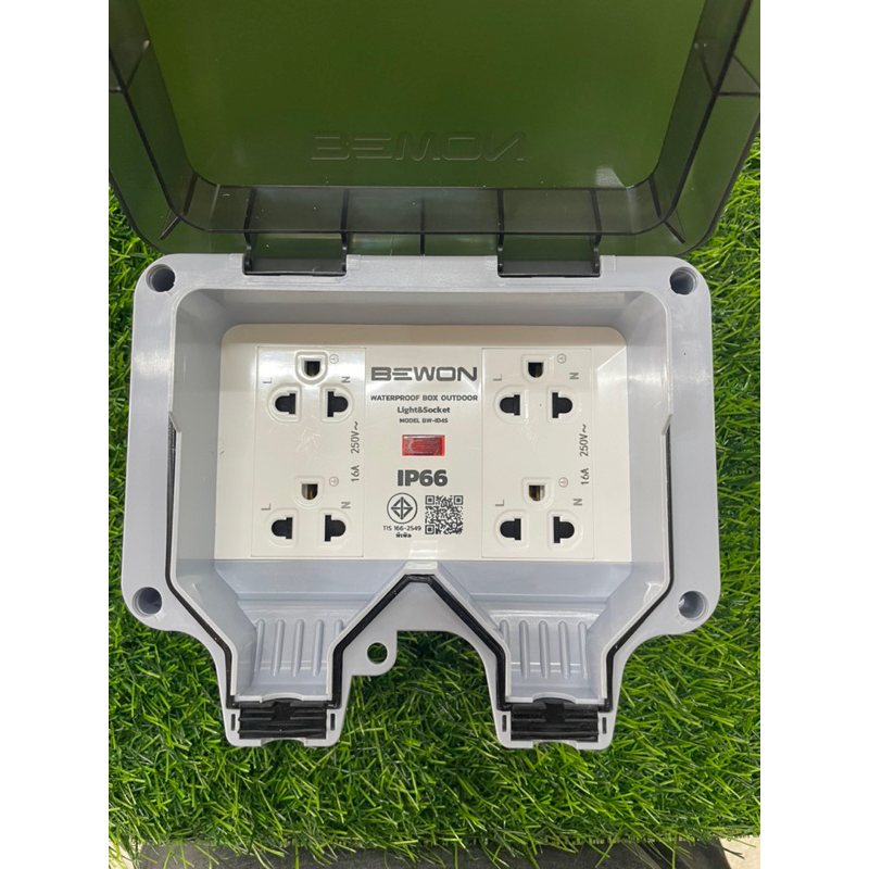 BEWON กราวด์คู่ 4 ที่ กล่องเต้าเสียบปลั๊กไฟฟ้ากันน้ำกันฝุ่น ใช้ภายนอกอาคารได้
