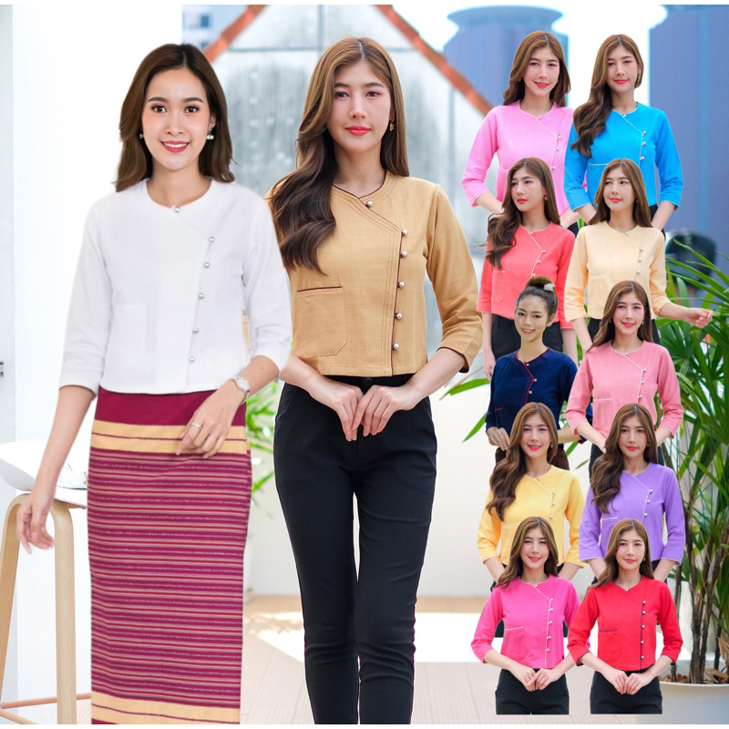 เสื้อพื้นเมืองผู้หญิงคอกลมแต่งกระเป๋าปะ
