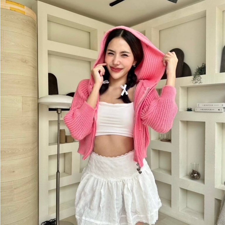 Waris เสื้อคลุมไหมพรมแขนยาวฮู้ดแต่งซิปหัวใจ น่ารักกก มินิมอล มินิใจ คลุมกันหนาว กันแดด ได้เลย