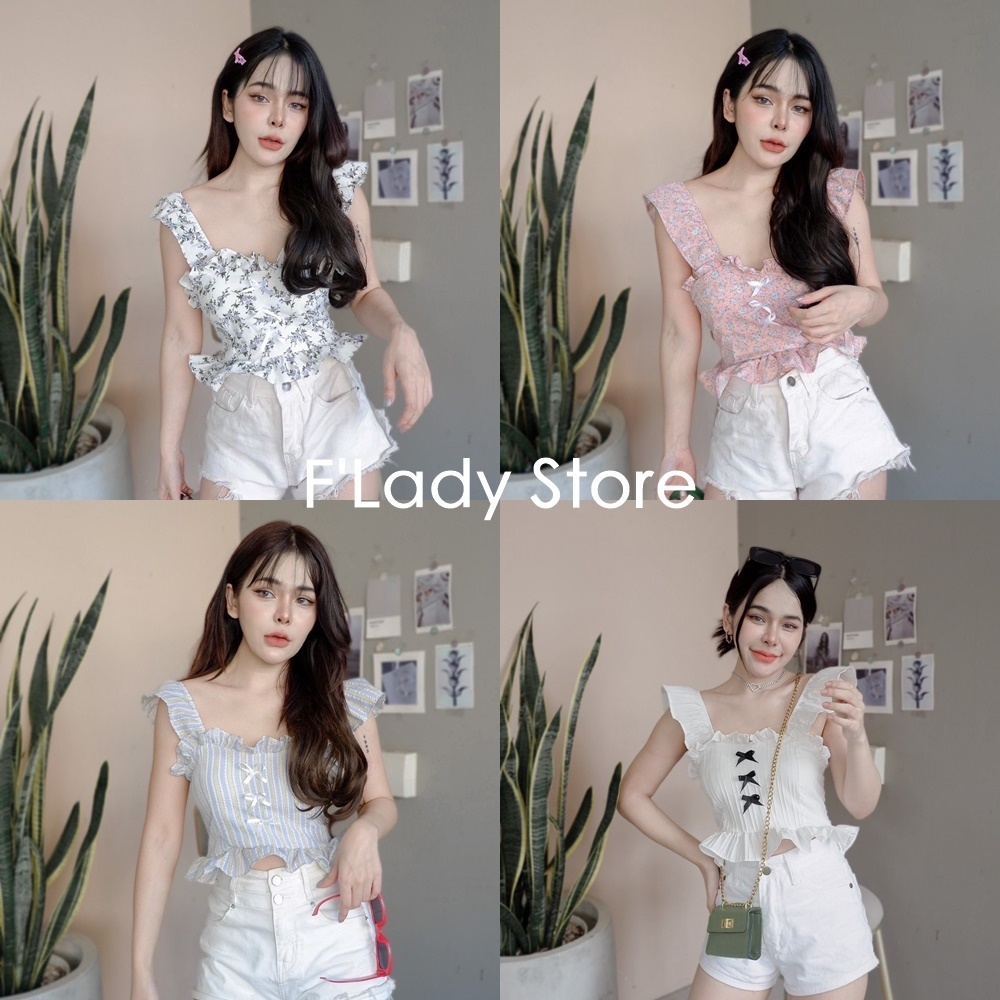 WS130 เสื้อครอปสายเดี่ยว เปิดไหล่ได้ แต่งระบายแขนและชายเสื้อ เสริมฟองน้ำ สม็อคหลัง