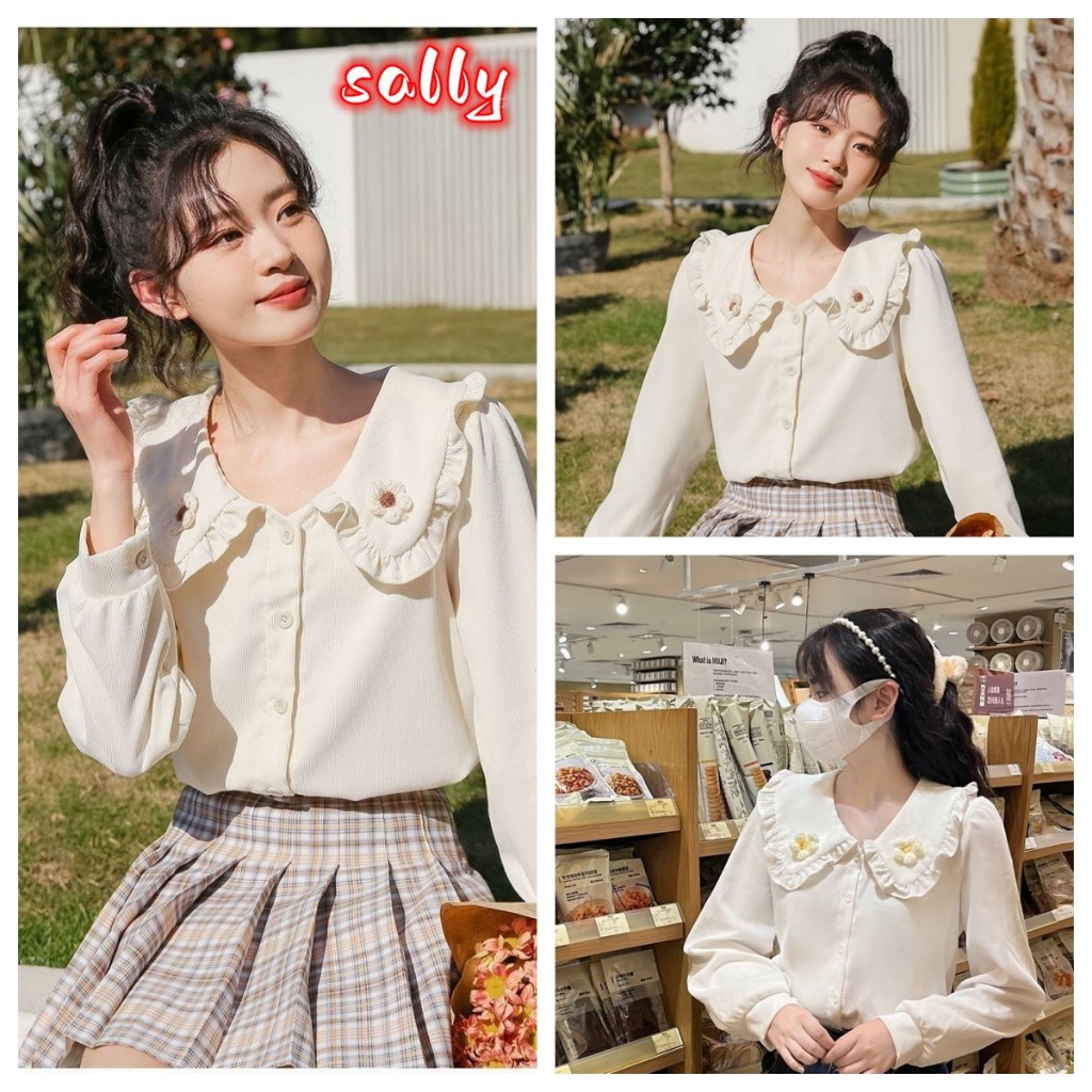 Sally เสื้อเชิ้ต กระดุมแถวเดียว ผ้าฝ้าย ระบายอากาศ สะดวกสบาย หวานสวย น่ารัก สดชื่น ทรงพอดีตัว สไตล์นิช