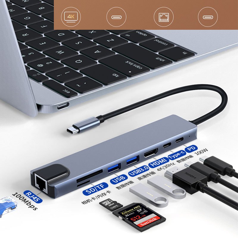 อะแดปเตอร์ฮับ 7-in-1 Type C HUB เป็น USB 3.0 + USB + HDMI 4K + USB-c + PD100w + RJ 45 100Mbps + SD/TF USB C HUB 3.5 มม