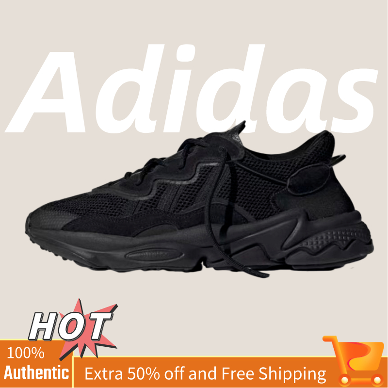 Adidas Originals Ozweego Black Warrior กีฬาย้อนยุครองเท้าพ่อตัดต่ำกันลื่นสำหรับผู้ชายและผู้หญิงสีดำล