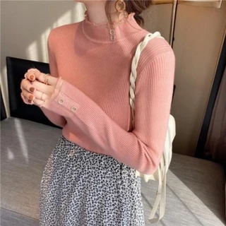 ส่งไวจากไทย เสื้อแขนยาวคอเต่า ผ้าไหมพรม ผ้ายืดใส่สบาย แต่งกระดุม สไตล์เกาหลี #017