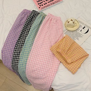 กางเกงลายสก็อต สไตล์เกาหลี ผู้หญิงเอวสูงยางยืด  C41