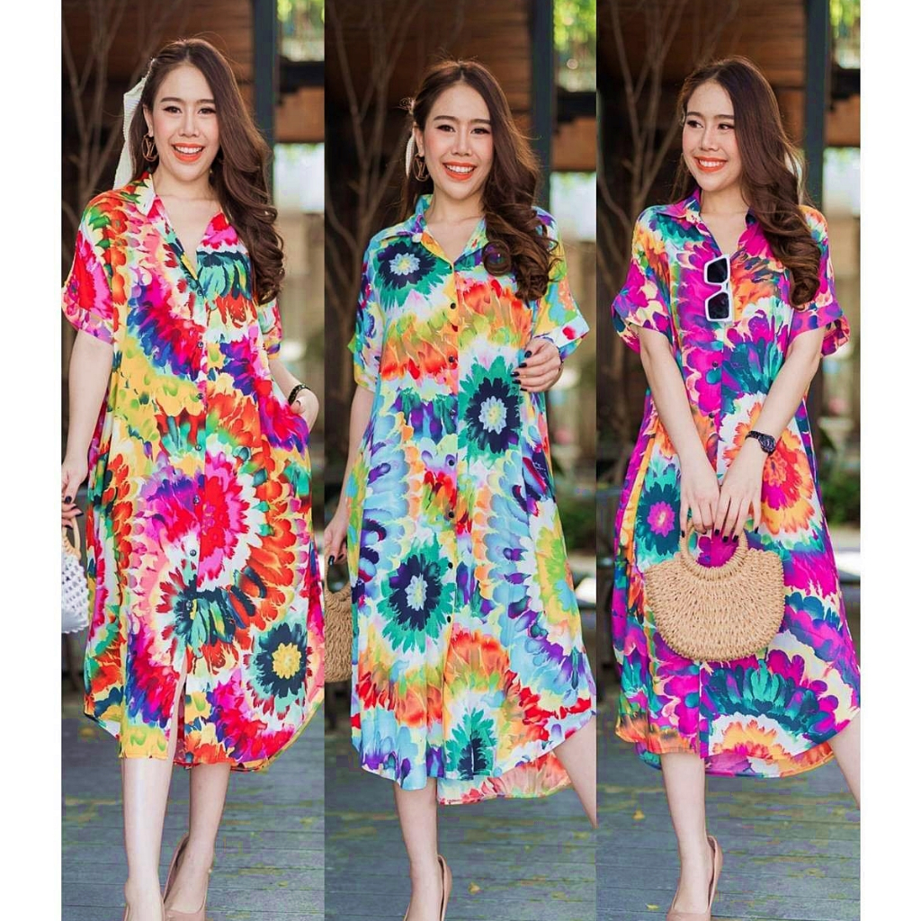 Pitzy Dress เดรสเชิ้ตคอปก เดรสไปทะเล กระดุมผ่าหน้า กระเป๋าข้าง ผ้าไหมอิตาลี พิมพ์ลายสงกรานต์สดใส ทรง