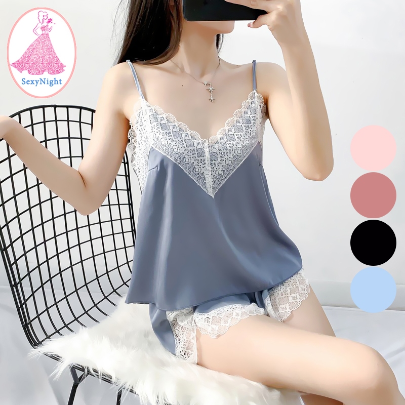 SexyNight ชุดนอนใส่นอนขากว้างลูกไม้ ชุดอยู่บ้าน ผ้าไหม ใส่สบาย พร้อมส่งจากไทย（H9204）