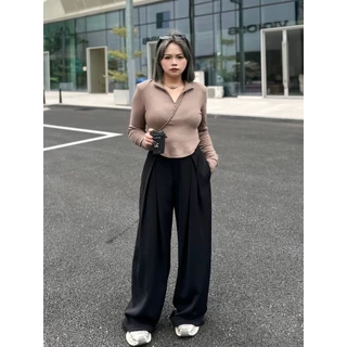 CiCi Plus+(105) กางเกงขายาว ผ้าทิ้งตัว ตะขอซิปหน้า ใส่เเล้วพรางหุ่น เหมาะสำหรับสาวพลัสไซส์