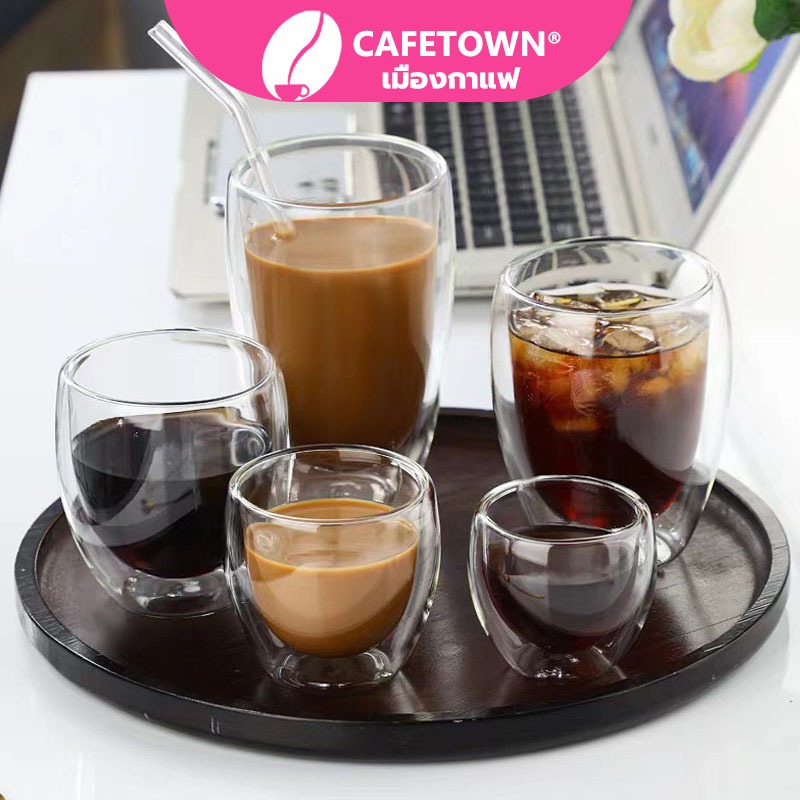 CAFETOWN® แก้วสองชั้น ขนาด 250-450 ml สวยงาม ทนทาน กันความร้อน ใส่น้ำร้อนเย็นได้ 4EPK