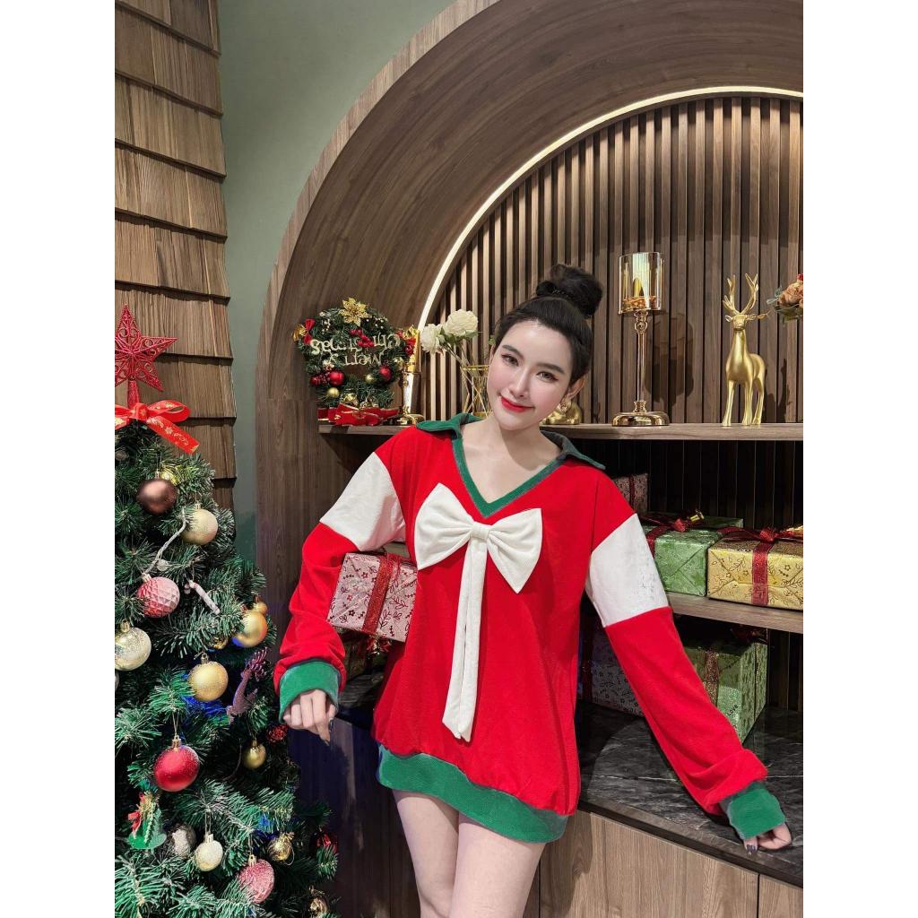 เสื้อแขนยาวคริสต์มาสแต่งโบหน้าผ้าวูลเวฟ ( ช13 ) A2425