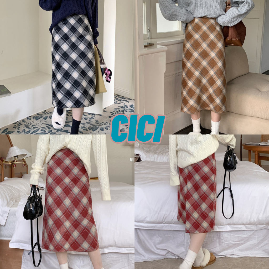 ส่งทันที Cici(NO. 27038-1)กระโปรงยาว ผ้าสักหลาด ลายสก็อต ผ้านุ่ม สไตล์เกาหลี ราคา ถูกที่สุด ดีลบีเคเค