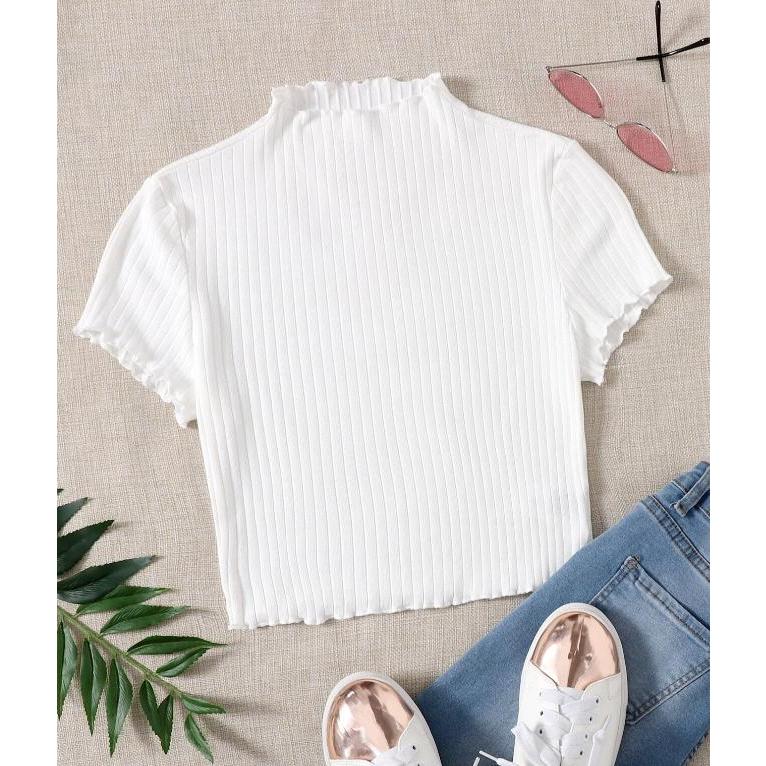 พร้อมส่ง เสื้อยืด ครอป แขนสั้น สีพื้น ผ้าคอตตอน ผ้าร่อง คุณภาพดี นุ่มนิ่ม ขอบหยัก No. swtee07201228954