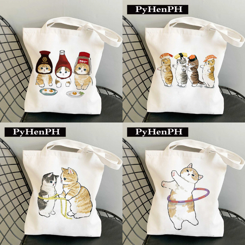 แมวเหมียว 12 ลาย กระเป๋าผ้ามินิมอลสกรีน ขนาด 34*37cm กระเป๋า Tote Bag ทาสแมวห้ามพลาด