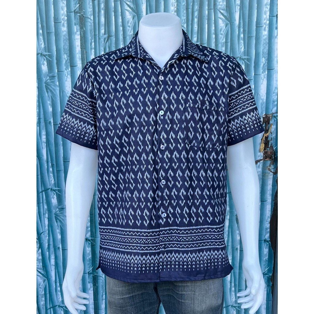 เสื้อเชิ้ตผ้าฝ้ายผู้ชาย ลายขอ แขนสั้น