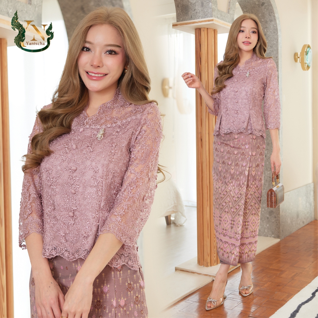 เสื้อลูกไม้ ใยบวบฝรั่งเศษ เกรดพรีเมี่ยม ผ้าถุง ชุดออกงาน ชุดไปวัด ชุดทำบุญ - ผ้าไหมแพรวา ทอลายกาฬสินธุ์ (ชมพูกะปิ)