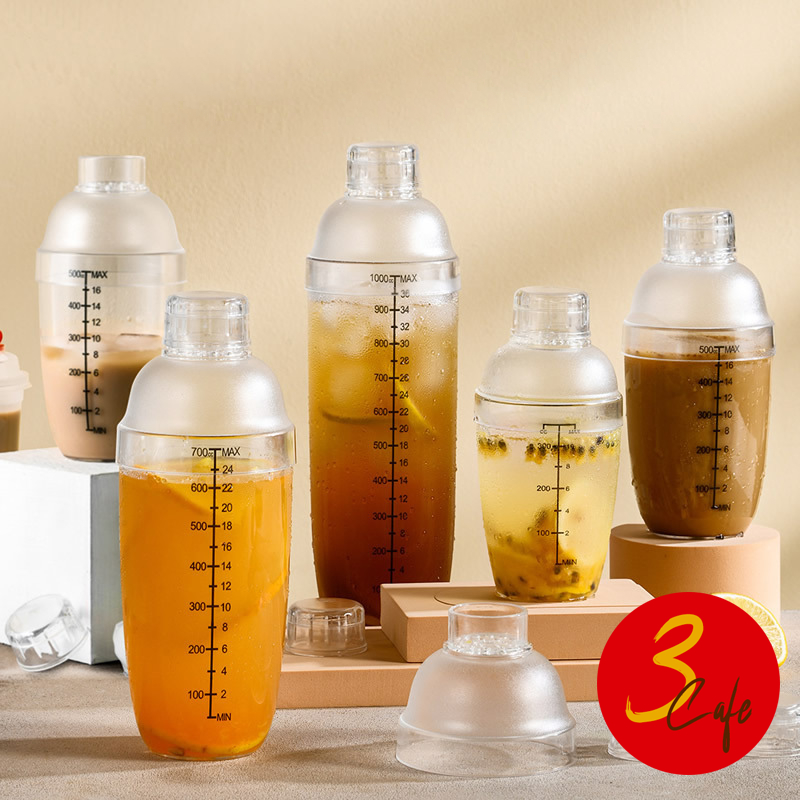 3cafe เชคเกอร์ พลาสติก มีสเกล แก้วเชค ขนาด 300ml/500ml/700ml อุปกรณ์บาร์เทนเดอร์ Cocktail Shaker Mixer