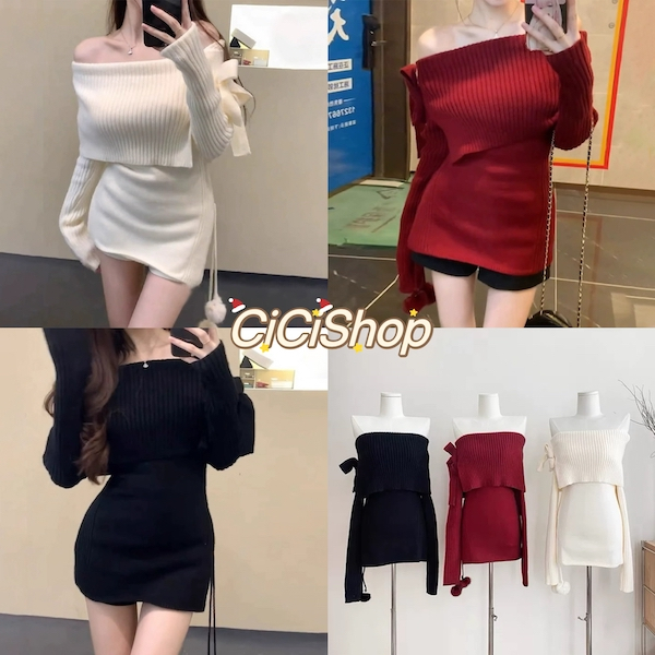 Cicishop Z29802 เสื้อแขนยาวไหมพรมปาดไหล่ ดีเทลแต่งรูสอดโบว์เกาหลี