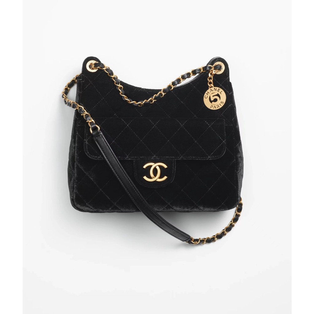 CHANEL Chanel 23B กระเป๋าสะพายข้างหัวเข็มขัดทองรูปสี่เหลี่ยมขนมเปียกปูนกำมะหยี่และกระเป๋าสะพายข้างโลหะโฮโบขนาดกลาง