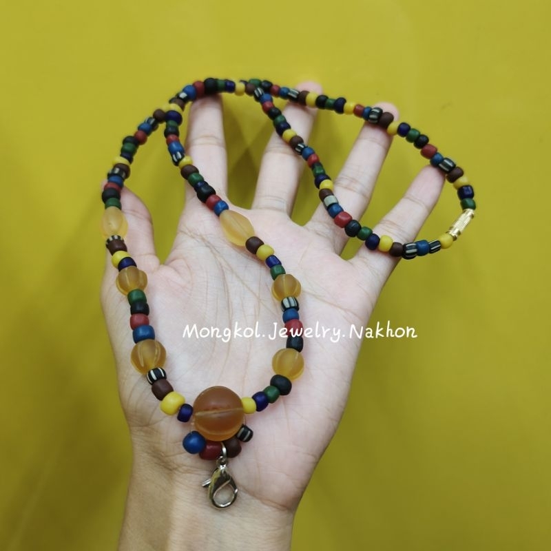 สร้อยคอลูกปัดหิน สลับเม็ดหินสีเหลืองใหญ่ ยาว 24 นิ้ว สวมหัวได้ ลูกปัดทาราวดี ลูกปัดหินโบราณ มีความยาวให้เลือก