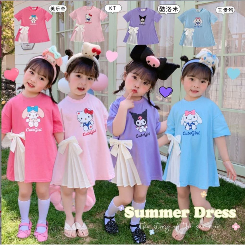พร้อมส่ง   เดรสแขนสั้นเด็กผู้หญิง พิมพ์ลายการ์ตูนซานริโอ้ น่ารัก เนื้อผ้าดี ราคา ถูกที่สุด ดีลบีเคเค