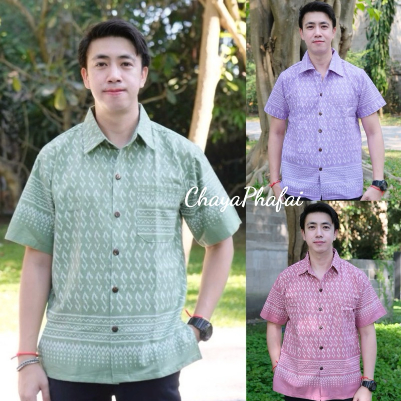 เสื้อคอปกผ้าฝ้ายพิมพ์ลายขอ ผู้ชาย