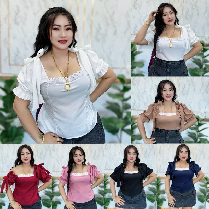 เสื้อสาวอวบร้านแป้งแฟชั่น **อก 36-44 ยาว 20** ครอปลูกไม้ผูกโบว์ไหล่