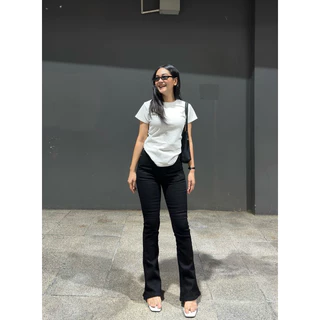 ยีนส์ WANWI Code.W19 กางเกงยีนส์ขาม้าเล็กเอวสูงผ้ายืดสีดำสนิท