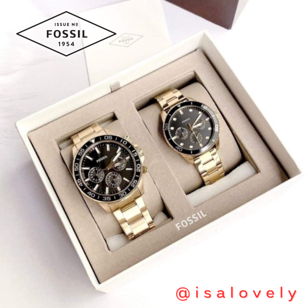 📌Isa Lovely Shop📌  Fossil His &amp; Her Multifunction Gold-Tone Stainless Steel Watch Box Set BQ2643SET BQ2643