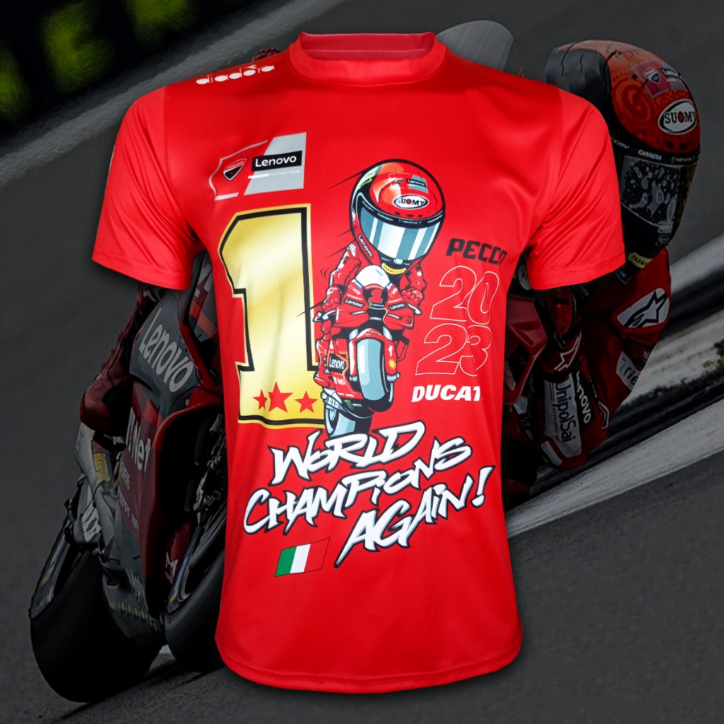 เสื้อยืดคอกลม โมโตจีพี Lenovo Ducati Team รุ่น แชมป์โลก &แชมป์ผู้ผลิต ปี2023 #MG0136 พิมพ์ทั้งตัว ไซส์ S-5XL