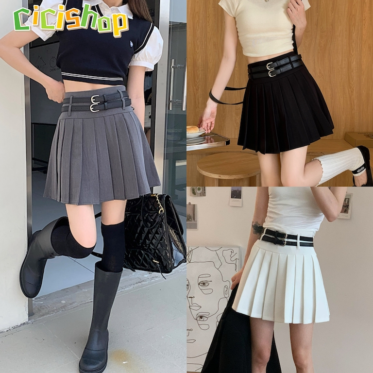 Cicishop(913)กระโปรงพลีทสั้น เอวสูงแถมเข็มขัดให้ 2 เส้น สไลต์เกาหลี