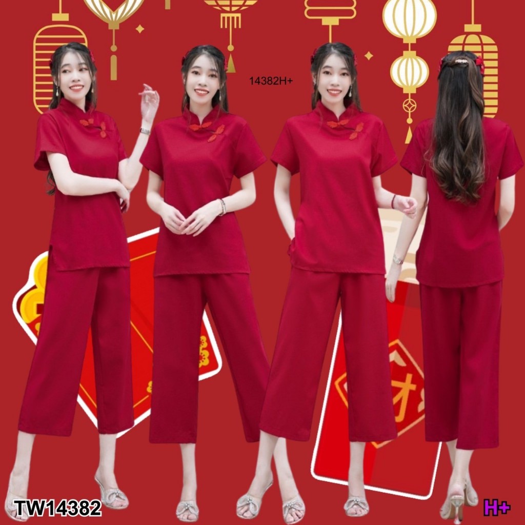 TwinsShopVip พร้อมส่ง TW14382 Set เสื้อคอจีนแขนสั้น+กางเกงขายาว