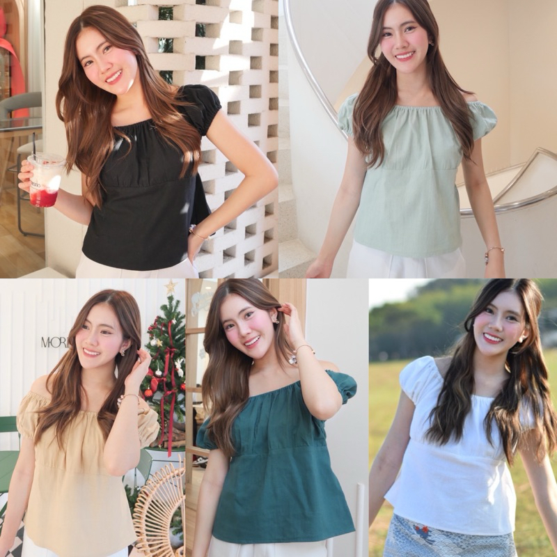 เสื้อแขนตุ๊กตา ปาดไหล่ Dolly Top คอยู แขนสั้น ยางยืด