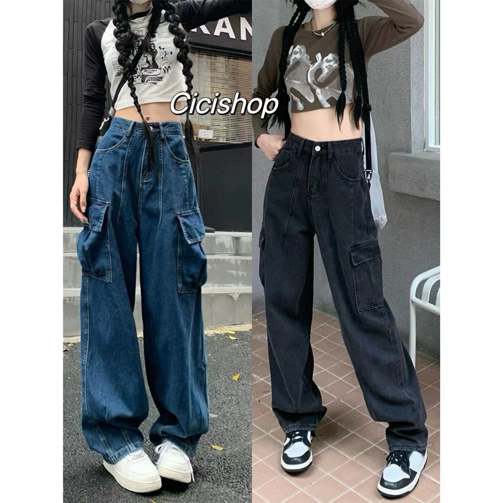 Cicishop(617)กางเกงยีนส์ขายาวทรงคาโก้ ขากระบอกกลาง ไสตล์ Street Girl Y2K