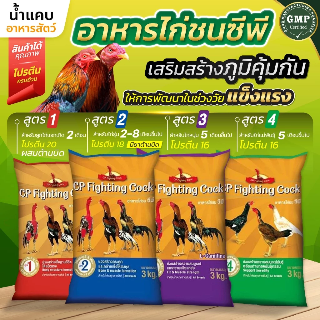 อาหารไก่ชนซีพี 3 กก. อาหารลูกไก่ มีทุกช่วงวัย เสริมสร้างกล้ามเนื้อและกระดูก ขนสวย หน้าแดงสด สุขภาพสมบูรณ์ แข็งแรง